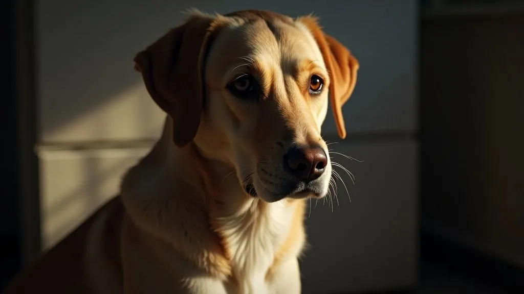 Dog looking anxious in a cozy living room